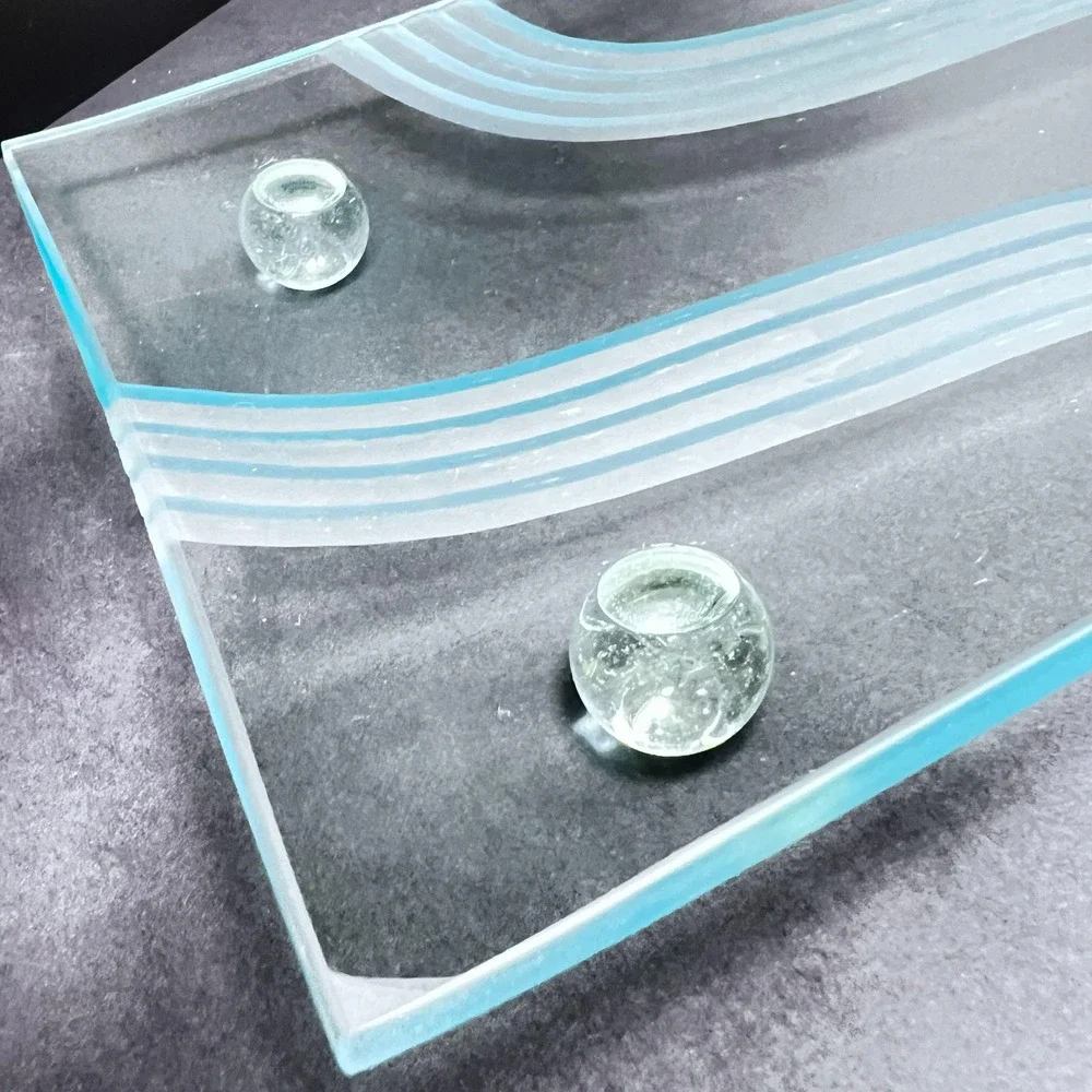Vintage Concave‎ Art Glass Serving Decor Tray Cut Etched Wavy Lines Ball Feet
